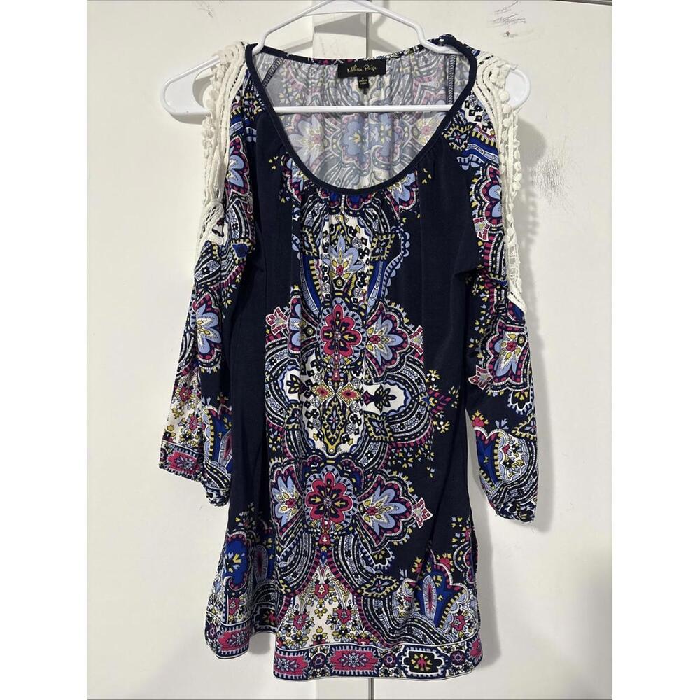Melissa Paige Blue Geometric Cold Shldr Peasant/Boho‎ Crochet Sleeve Tunic Top S